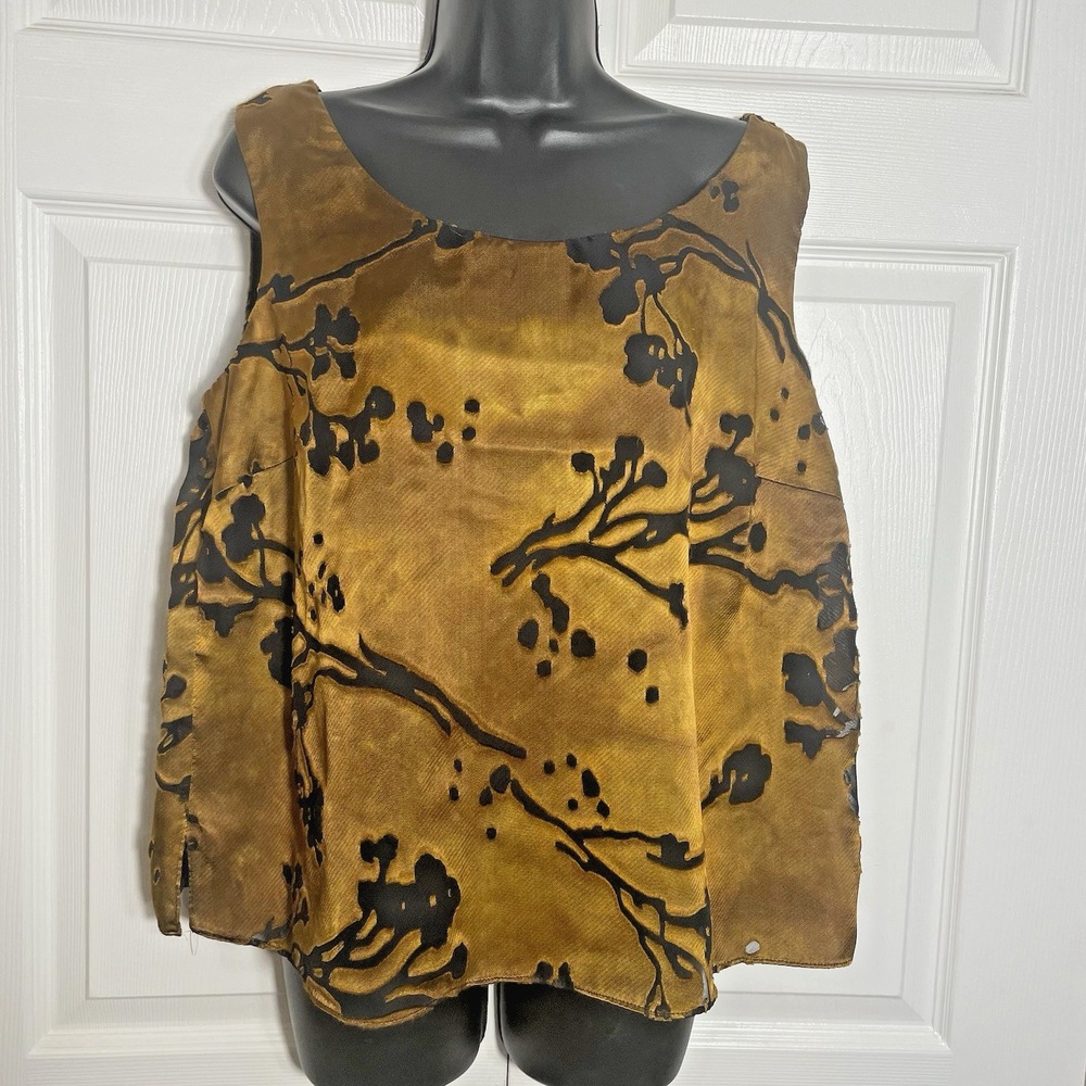 Vintage Sleeveless Dana Kay Tank Top Women 14W Gold‎ Black Floral Y2K Whimsigoth